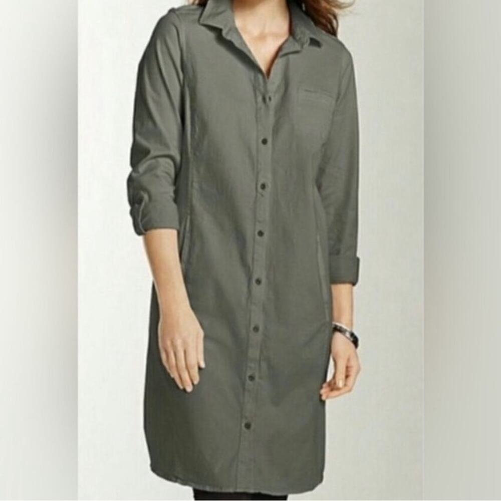 J.Jill live n chino green button down, roll tap sleeves dress Sz 4 Petite